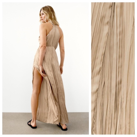 NWT. Zara Stone Satin Effect Wrinkle Look Halter Jumpsuit. Size XS. - Picture 4 of 11